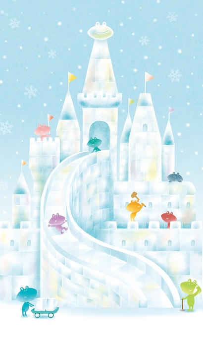 雪が降る中で白い城の滑り台や塔にカエルたちが集まる冬のイラスト