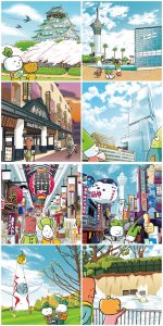 大阪城、あべのハルカス、道頓堀、住吉大社などの観光名所を背景に、キャラクターたちが各地を巡るイラストをまとめたコラージュ画像