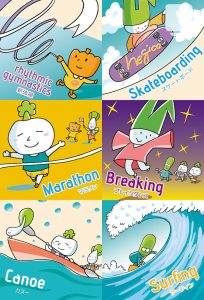 新体操、スケートボード、マラソン、ブレイキン、カヌー、サーフィンをテーマにした可愛いマスコットキャラクターのイラスト