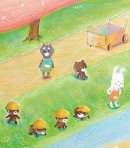春の風景の中で、動物たちが歩いたり作業をしたりしている温かみのあるイラスト