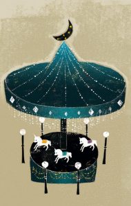 三日月と星が輝く幻想的なメリーゴーランドのイラスト。夜の雰囲気が美しく表現されている