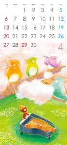 春の森でクマがピアノを弾き、リスや鳥たちが楽しく演奏しているイラスト