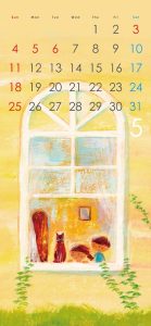 5月のカレンダーと窓辺で外を眺める子どもたちと猫のイラスト