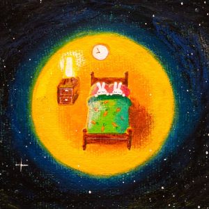 宇宙空間に浮かぶベッドで寄り添って眠る二匹のうさぎの可愛いイラスト