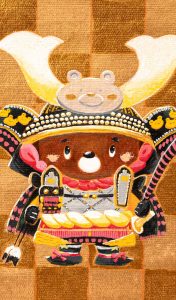 端午の節句をテーマにした金色背景のくまの侍キャラクターイラスト