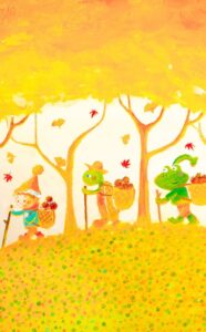 秋の森でどんぐりを背負って歩く動物たちと子どもの行列のイラスト