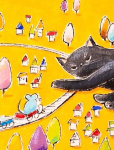 黒猫が横たわる町をミニチュア列車に乗ったネズミが走っているイラスト
