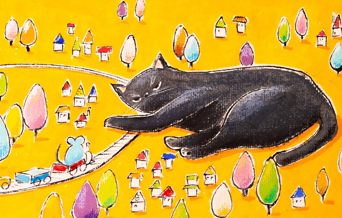 けい様用 自作絵画 青い車でどこへ行こう 猫とうさぎの絵 夜空の