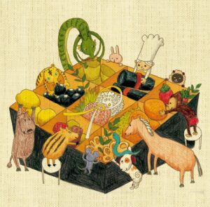 干支の動物たちが集まりおせち料理を囲む2013年の年賀イラスト