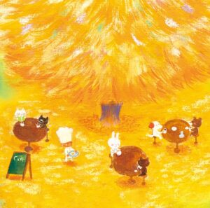 黄色い木の下でくつろぐ動物たちのカフェの様子