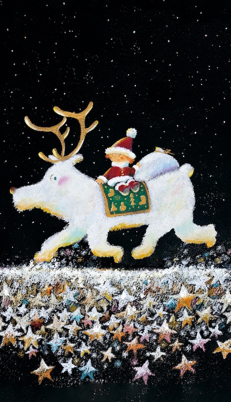 白いトナカイに乗って星空を駆けるサンタクロースのイラスト