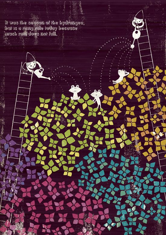 ハシゴに登ってジョウロでアジサイに水をかける小人と喜ぶカエル