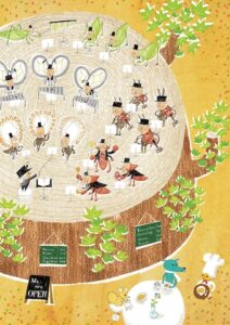 切り株の上で演奏するバッタや蝶の楽団と下で食事を楽しむ動物たち