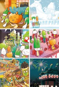 JAキャラクター「なにわ野菜ファミリー」が日本の四季の祭りに登場するイラスト集。神社の行列、流鏑馬、神輿、武者、花火大会の場面を描いた6構成