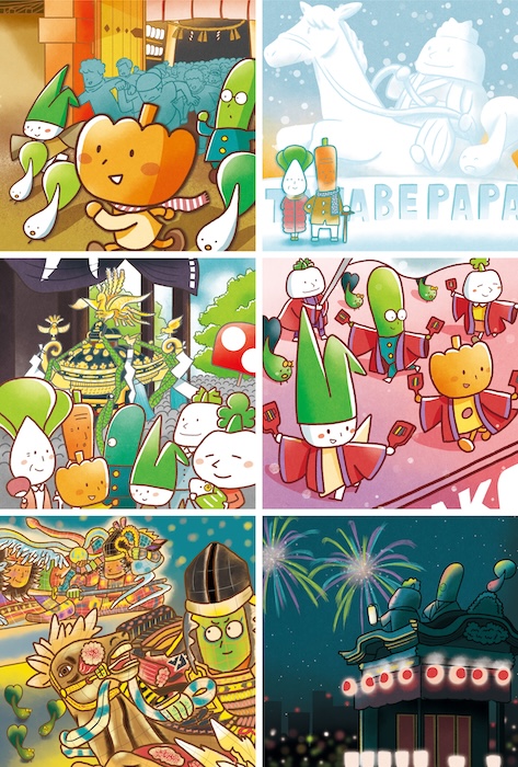 JAキャラクター「なにわ野菜ファミリー」が日本の四季の祭りに登場するイラスト集。神社の行列、流鏑馬、神輿、武者、花火大会の場面を描いた6構成